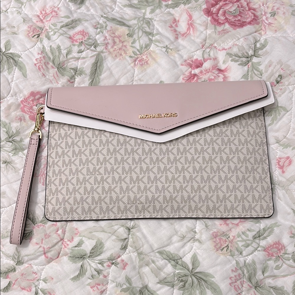 Michael Kors Pink and White Clutch with Monogram Print NWOT